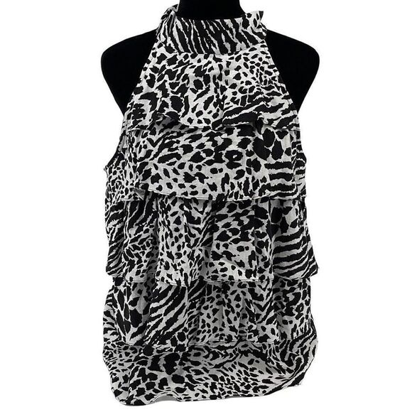 Elena Solano Mock Sleeveless Ruffle Animal Print Linen Blend Top Large Black Whi - Picture 1 of 8